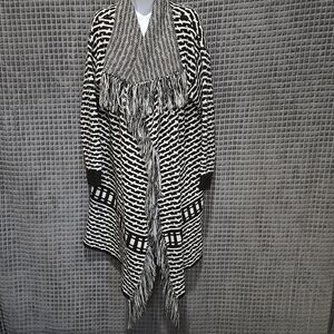 Long Fringe Sweater Cardigan Duster SzL Oversized ChunkyKnit Soft Cozy Open Wrap